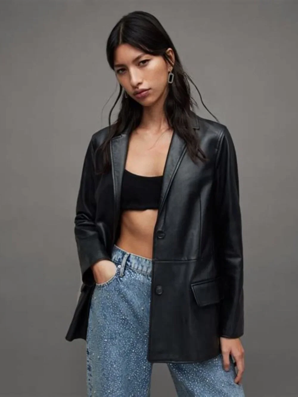 ALL SAINTS Corinna Leather Blazer in Black Size US8 - Picture 10 of 14